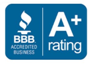 The image features a logo with a blue background and a white border, displaying an  A  within a shield-shaped design, accompanied by text that reads  BBB Accredited Business  and  Rating   A .