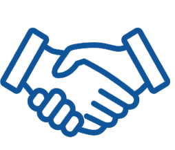 The image shows two hands shaking over a blue line, symbolizing agreement or partnership.