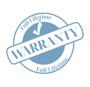 The image shows a blue circular stamp with a white border, featuring the word  Warranty  prominently at the top. Below this, there is an illustration of a magnifying glass over a shield symbolizing security. The text  FULL LIFETIME WARRANTY  is written in capital letters around the circumference of the circle, and beneath it, the phrase  FULL LIFETIME  is repeated twice. At the bottom of the stamp, there is a blue checkmark inside a white square. To the right of the checkmark, the word  LIFETIME  is written again in capital letters, followed by the text  FULL LIFETIME WARRANTY  below it. The background of the image is plain and does not distract from the stamp itself.