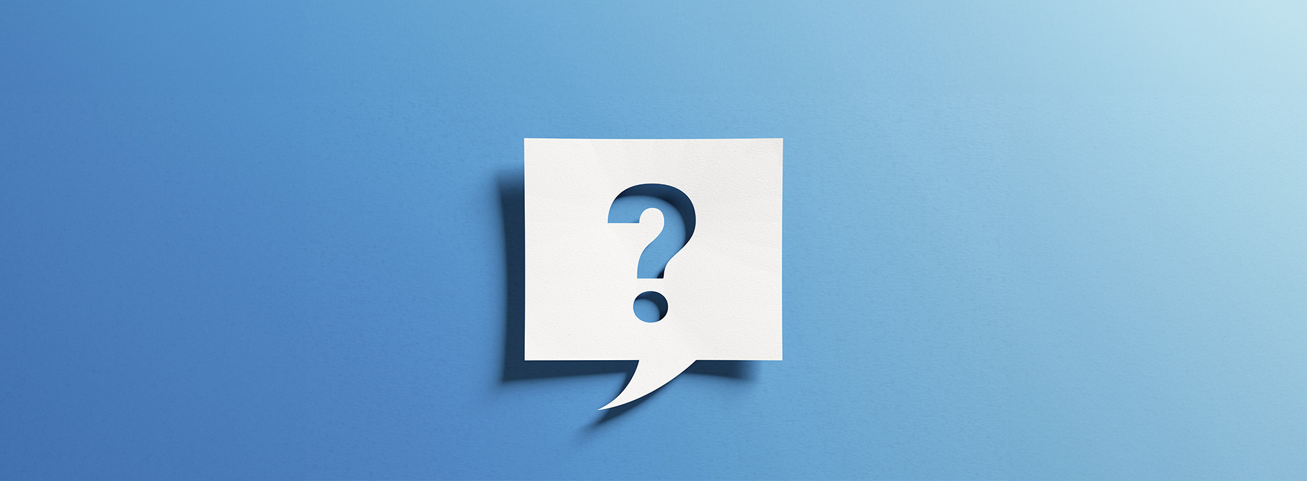 The image shows a blue speech bubble icon with a question mark inside, placed against a blue background with a white border.
