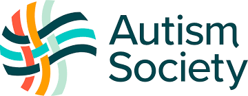 The image features a logo with text, which appears to be related to Autism Society. It includes a stylized graphic resembling a speech bubble with a wave pattern inside, and the words 'Autism Society' are prominently displayed, along with a circular emblem that may represent an award or recognition.