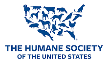 The image shows a logo with the text 'THE HUMANE SOCIETY OF THE UNITED STATES' at the top, featuring an illustration of various animals and a map of the United States, set against a blue background with white accents.