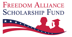 The image is a logo with text that reads  FREEDOM ALLIANCE SCHOLARSHIP FUND  and features an American flag design element, along with the silhouette of a man and woman, suggesting a focus on education and possibly family values.