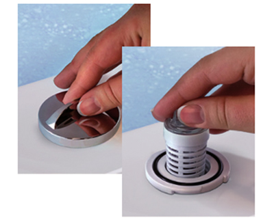 The image shows a hand interacting with a metallic object, which appears to be a faucet handle, with two separate views of the same action.