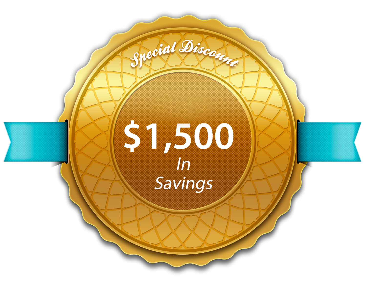 The image shows a digital badge with a gold border, featuring a blue ribbon graphic at the bottom, indicating a special discount or offer of  1,500 savings on something.