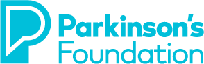 The image is a logo with the text Parkinson s Foundation beneath it, featuring a stylized letter P within a circle, set against a grey background with a blue and white graphic element in the upper right corner.