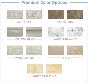 The image displays a selection of premium color options for kitchen cabinets, showcasing various finishes such as marble, granite, and other textured materials, with names like  Santa Cruz,   Arctic Ice,   Horizon Beige,   Sierra White,  and others, presented in a grid format.