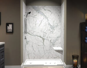 The image depicts a luxurious bathroom with marble walls and flooring, featuring a large shower area with a glass enclosure and a bathtub.