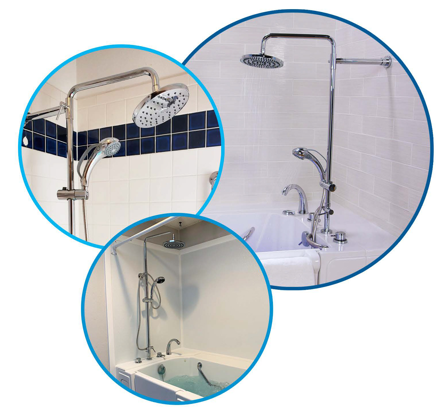 The image displays three different bathroom fixtures  on the left, a shower head with hose attachment  in the middle, a wall-mounted sink faucet with a single lever handle  and on the right, a bathtub faucet with two handles, set against a tiled wall.