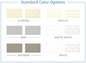 The image displays a color palette with various shades of gray, white, brown, and black, likely representing paint colors for standard options, with labels such as  Standard,   Almond,   Bisquit,   Matt White,  and others, presented in a grid format against a plain background.