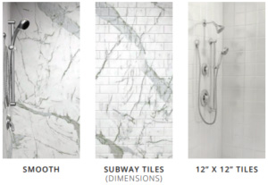 The image showcases a collection of bathroom fixtures displayed against a marble backdrop, featuring a variety of showerheads, faucets, and tile sizes.