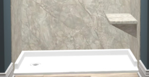 The image shows a bathroom interior with a marble countertop, a white bathtub, and a large mirror above the sink.