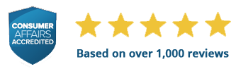 The image displays a logo with a shield design, featuring five stars at the top right corner and text below that reads  CONSUMER AFFAIRS  and  ACCREDITED.