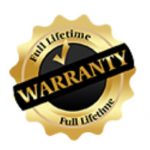 The image features a circular stamp-like graphic with a yellow border, containing a black and white checkmark inside a shield shape, indicating some form of certification or approval. Below this emblem is text that reads  FULL LIFETIME WARRANTY  in bold, capitalized letters. To the left of the emblem, there is a smaller circular stamp with a red border and the word  Warranty  in white letters, followed by the phrase  FULL LIFETIME WARRANTY  in smaller black letters. The overall style of the image suggests it may be used to convey a promise or guarantee related to a product or service.