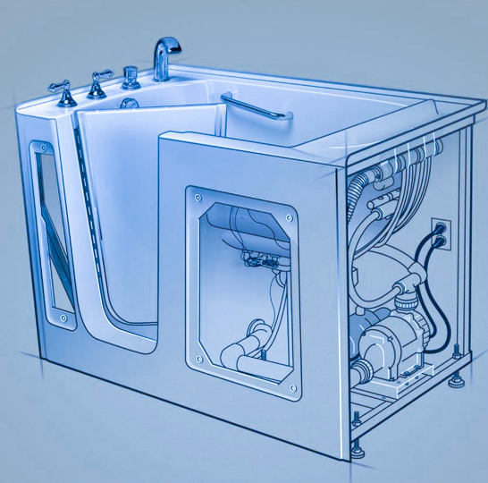 The image depicts a detailed technical illustration of an industrial washing machine with various mechanical components visible, including pipes, valves, and a control panel, set against a blue background.