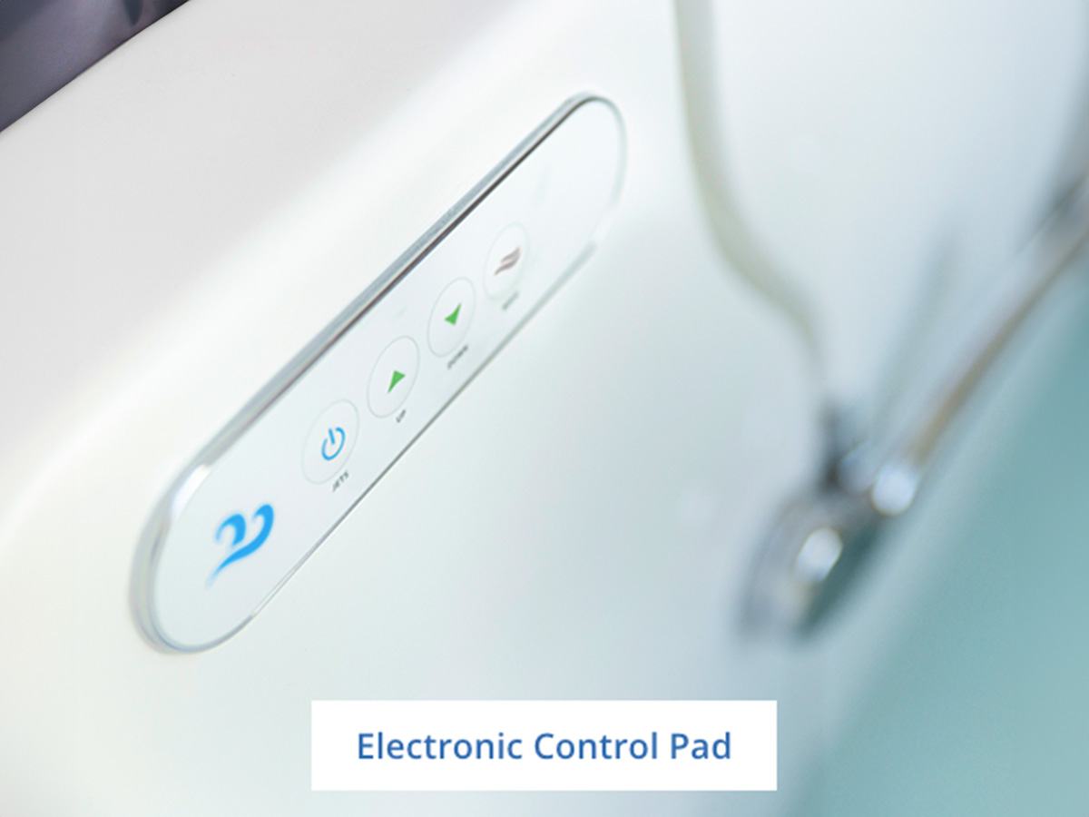 The image shows an electronic control pad with various buttons and symbols, likely for operating a device or system, possibly in a medical or healthcare setting, given the context of the word  electronic control pad.